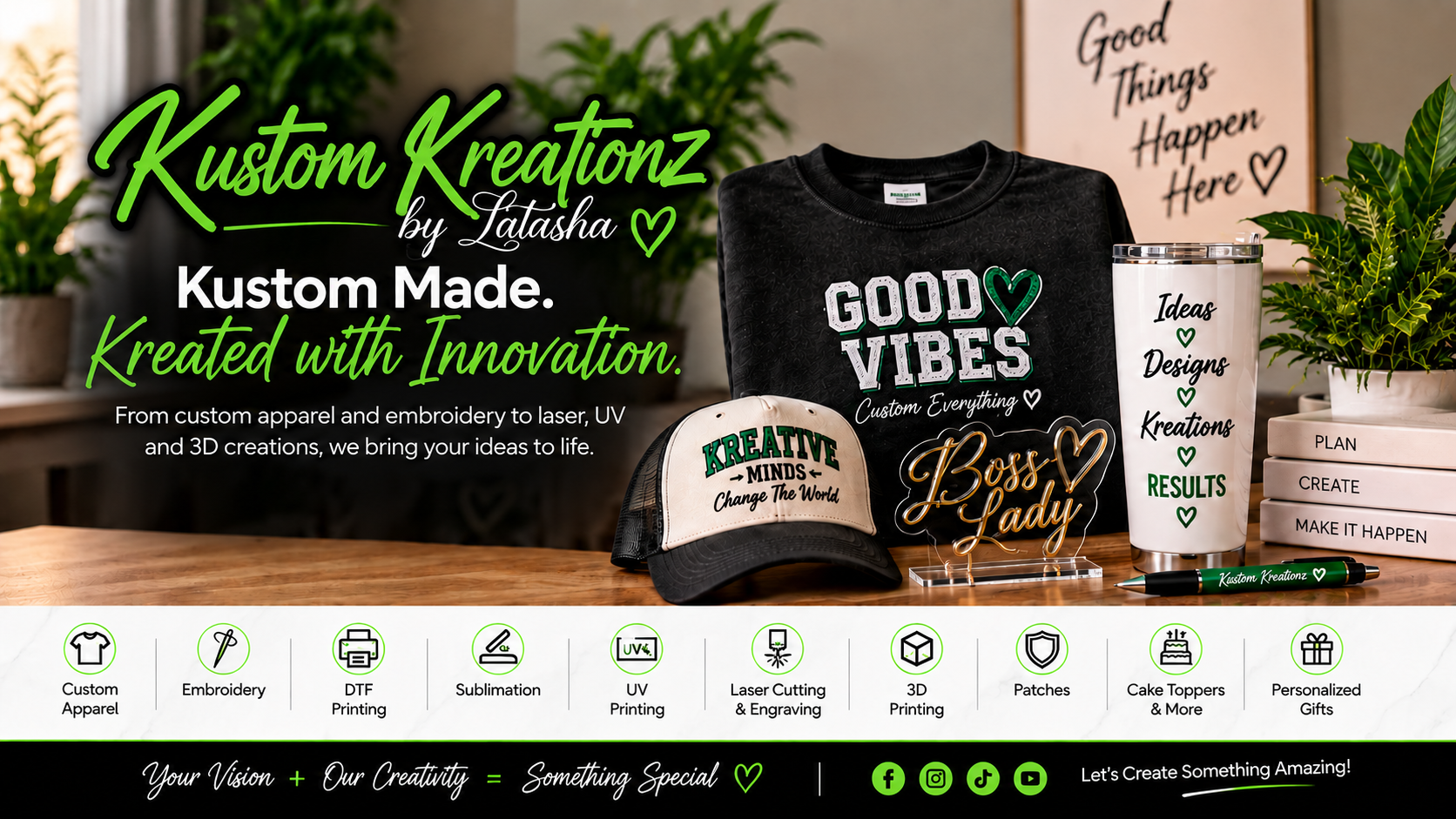 Kustom Kreationz custom products including apparel, embroidery, drinkware, laser-cut décor, and personalized gifts